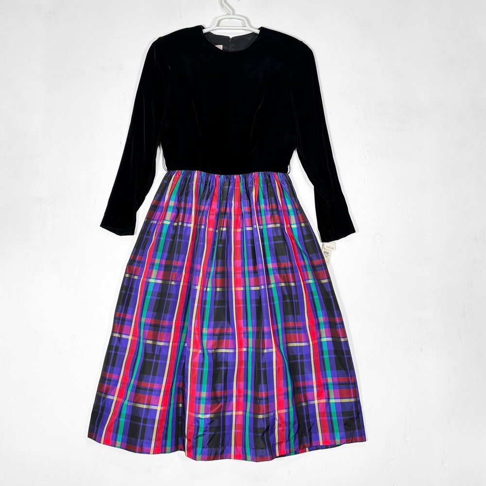 VTG‎ 80s Talbots NEW Velvet Plaid Taffeta Midi Dress Size 12 Academia Preppy